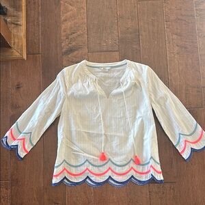 Boden bright coral, blue and White Tie Front 3/4 Sleeve Tunic